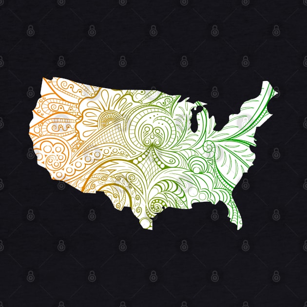 Colorful mandala art map of the United States of America in green and orange on white background by Happy Citizen